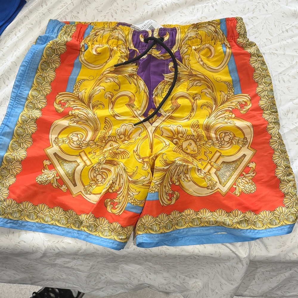 Versace Yellow and Purple Baroque Swim Shorts